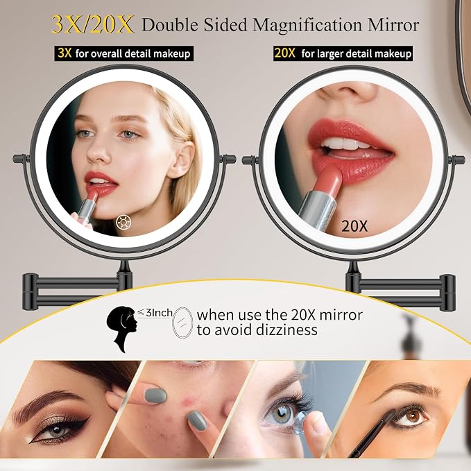 FUNTOUCH 20X/3X Rechargeable Wall Mounted Makeup Vanity Mirror - Image 2