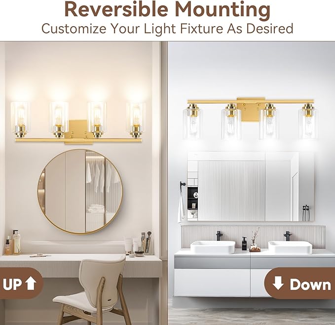4-Light Bathroom Light Fixtures, Brushed Gold Vanity Lights, Classic Wall Lamp - Image 2