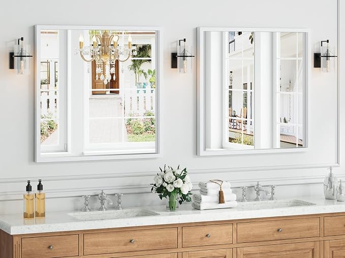 Syndra Square White Wood Frame Bathroom Mirror, Waterproof Slim Deep Frame - Image 2