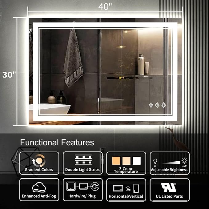 Lighted Bathroom Mirror, 40x30 Inch Gradient Front and Backlit LED Bathroom - Image 2