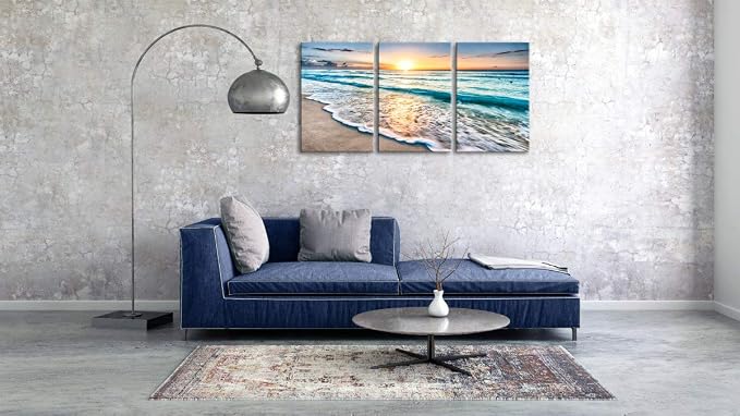 Wieco Art 3 Panels Blue Beach Sunrise White Wave Pictures on Canvas Wall Art - Image 3