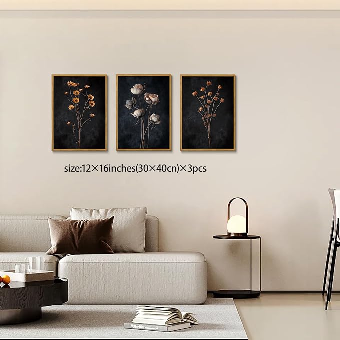 KISSFOX 3 Piece Moody Dried Flower Canvas Wall Art - Image 2