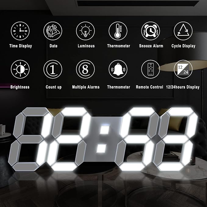 15" 3D LED Digital Wall Clock, Large Decor Wall Clock, Time/Date/Temperature - Image 6