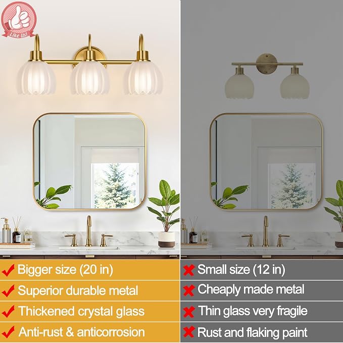 3-Light Bathroom Vanity Light, Vanity Lighting Fixtures Over Mirror - Image 4