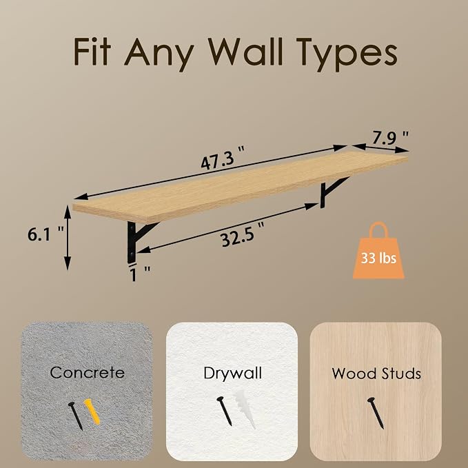 DINZI LVJ Long Wall Shelves, 47.3Inch Wall Mounted Shelves Set of 2, Extra - Image 3