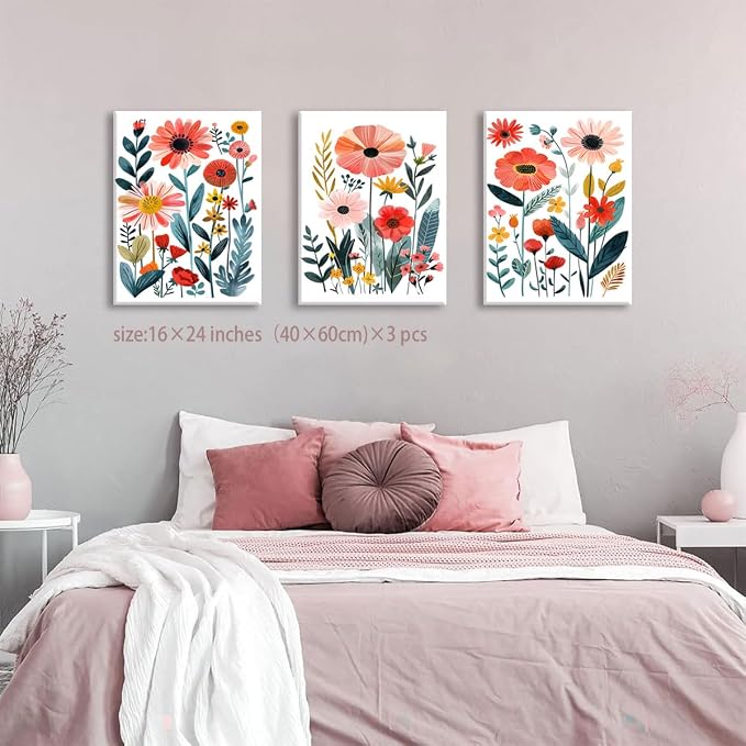 KISSFOX Framed Colorful Wildflower Canvas Wall Art Set Of 3 Flowers Pictures - Image 5