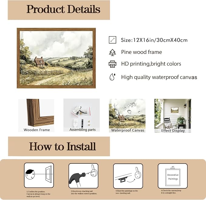 Framed Vintage Canvas Wall Art, Cottage Landscape Wall Decor Paintings - Image 5