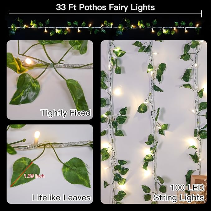suddus Vine with Fairy Light Plug in, 33ft 100 LED Pothos String Lights - Image 4