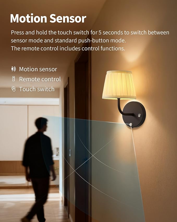 PUSU Motion Sensor Black H9.6 inch Small Wall Sconces Set of 2, LED Cordless - Image 2