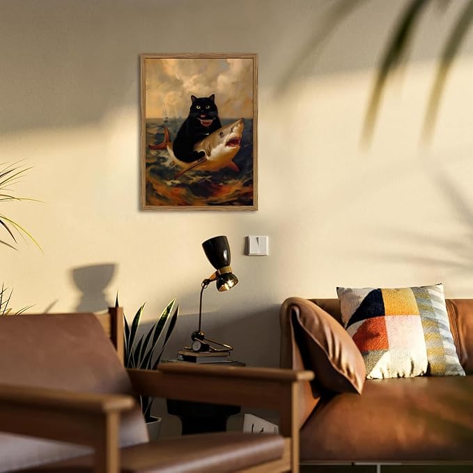 Funny Black Cat Wall Art Whimsical Cat Riding a Shark Wall Decor Picture Unique - Image 4