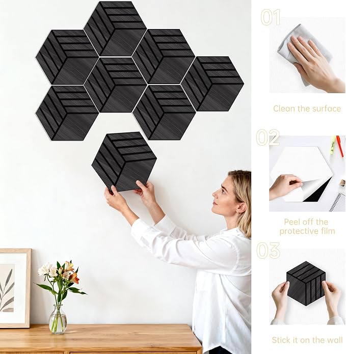 Mollywell Acoustic Panels, PVC Wood-Grain, 14x12 Inch Hexagon Carved Sound - Image 6