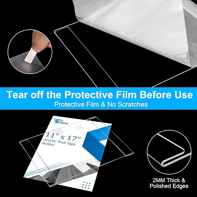 EHWINE 4 Pack 11x17 Wall Mount Acrylic Sign Holder, Wall Signs Photo Menu Flyer - Image 2