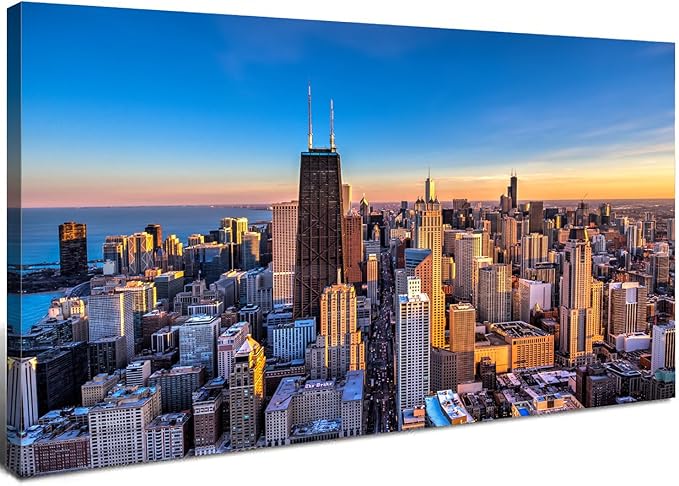 AIYISU Chicago Skyline Wall Art Chicago City Wall Decor Night Cityscape Canvas by HOME