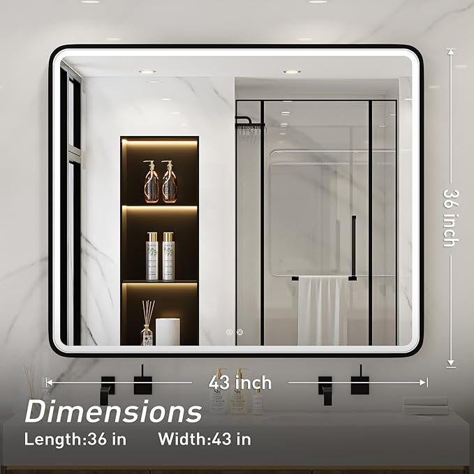 43X36 Inch Black LED Bathroom Mirror - Image 6