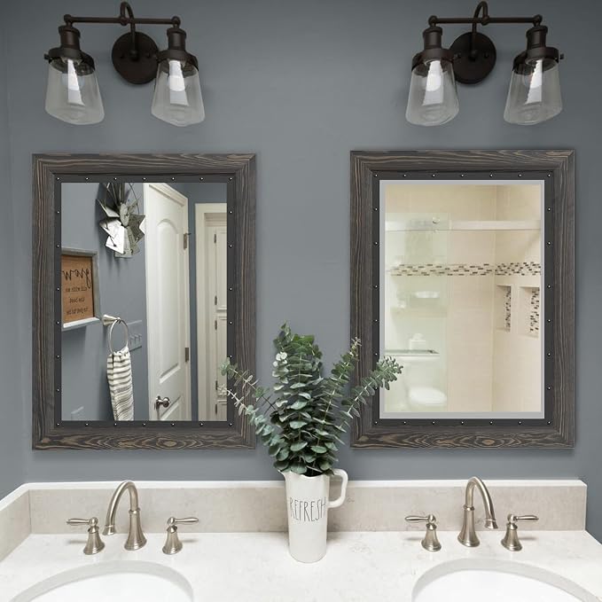 YOSHOOT Rustic Wooden Framed Wall Mirror, 32x24 Inch, Natural Wood and Iron - Image 5