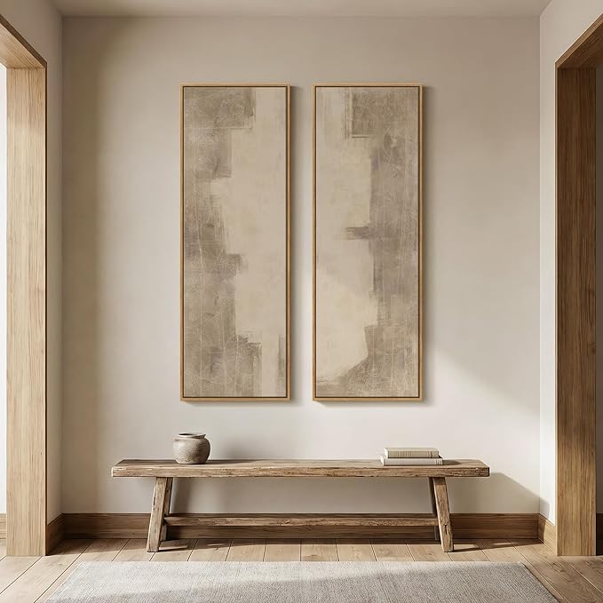 Long Narrow Framed Neutral Abstract Vertical Wall Art Set of 2, Oversized - Image 7