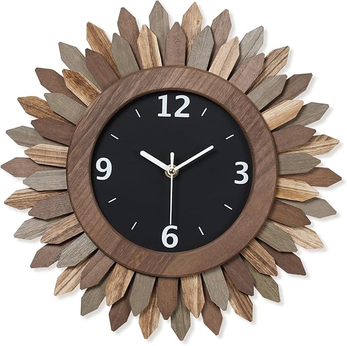 Honiway 14 Inch Wall Clock, Rustic Wood Boho Sunburst Decorative Wall Clocks by Honiway