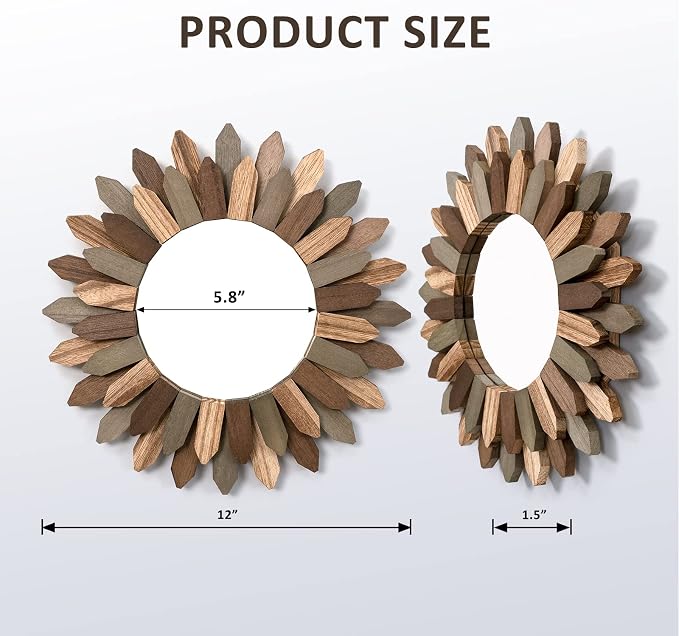 Honiway Boho Wall Decor Mirror 2 Pack 12 inch Rustic Wood Decorative Mirror - Image 6