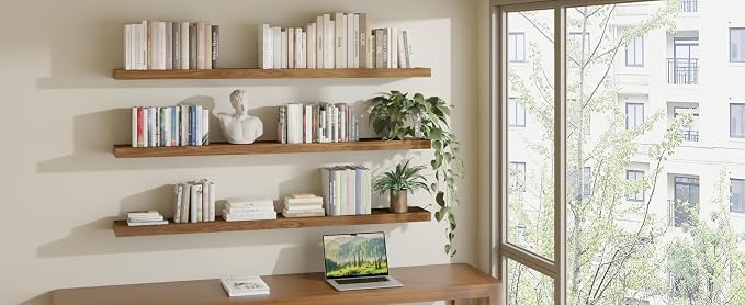 ROGMARS 60Inches Long Walnut Floating Shelves, Rustic Solid Wood Farmhouse Wall - Image 9