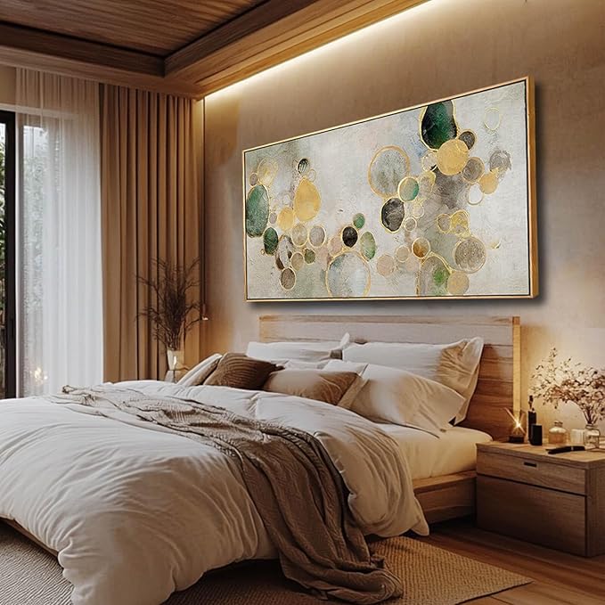 Abstract Canvas Wall Art Gold Circle Painting Green Artwork Framed Wall Prints - Image 3