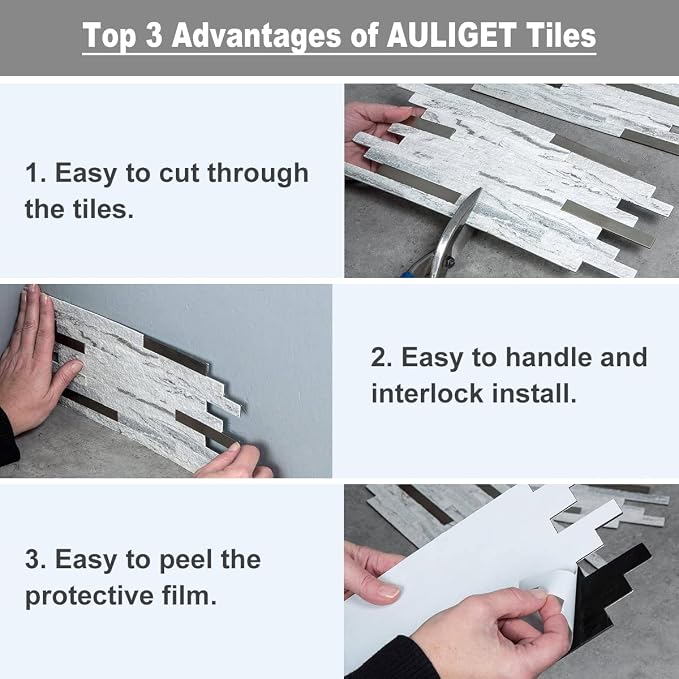 AULIGET Faux Stone Peel and Stick Backsplash, PVC Mixed Metal Wall Tiles Stick - Image 7