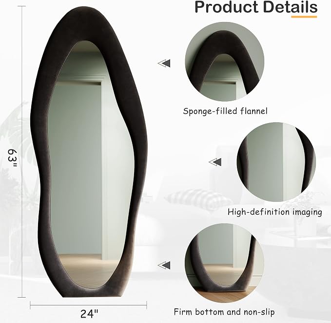 Honyee Full Length Mirror, Flannel Wrapped Wooden Frame Floor Mirror, Irregular - Image 5