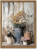 Wood Framed Farmhouse Vintage Canvas Wall Art, Rustic Floral Daisy Pictures by Unknown