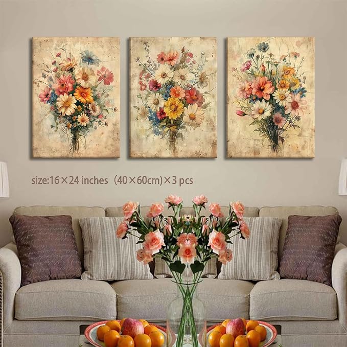 KISSFOX Framed Colorful Wildflower Canvas Wall Art Set Of 3 Flowers Pictures - Image 3