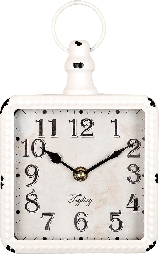 Retro Rectangle Small Wall Clock, Battery Operated Silent White Vintage Decor by TRYLTRY