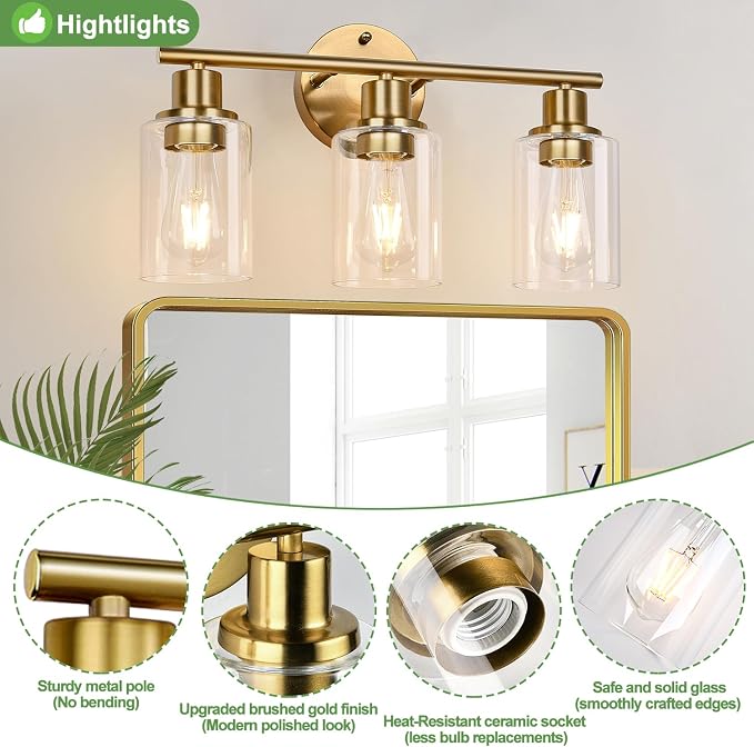 3-Light Gold Bathroom Light Fixtures, Modern Bathroom Vanity Light - Image 2