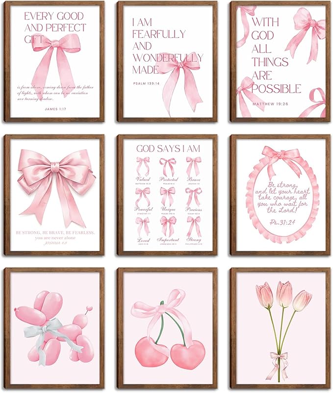Pink Bows Bible Verse Christian Canvas Wall Art Set of 9, Trendy Posters Prints by Unknown