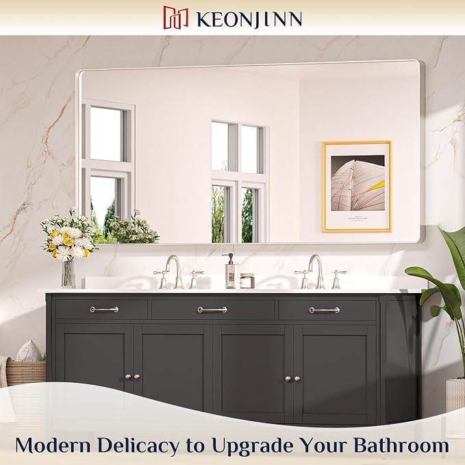 Keonjinn 72 x 36 Brushed Nickel Bathroom Vanity Mirror, Large Rounded Rectangle - Image 2