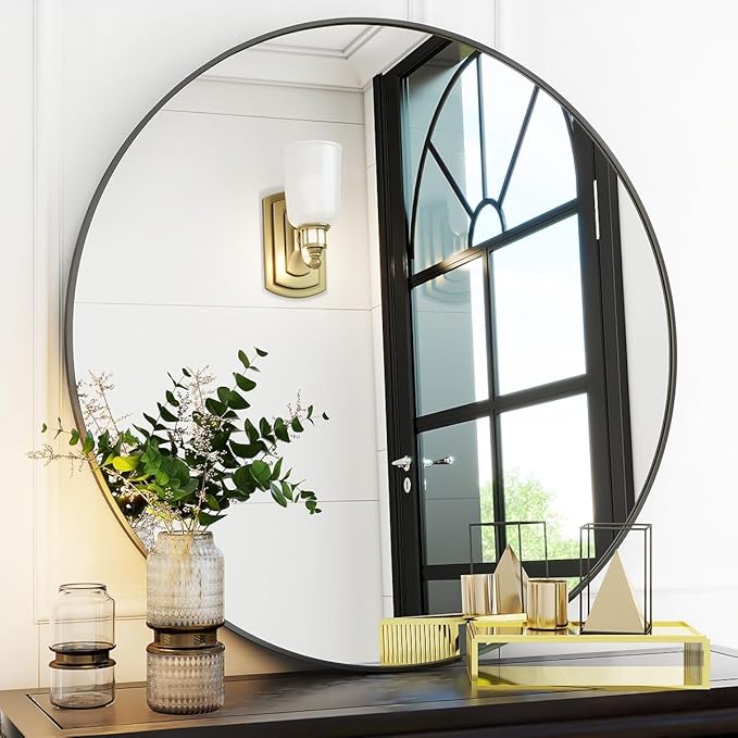 VooBang Black Round Bathroom Mirror, 30 inch Circle Wall Mounted Hanging Mirror by VooBang