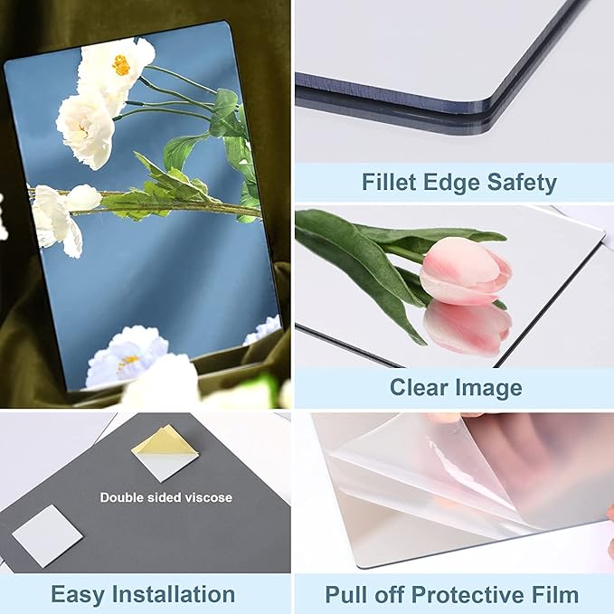 JUNEBRUSHS 8 Pack Self Adhesive Acrylic Mirror, 12x16 Inch Mirror Tiles - Image 3