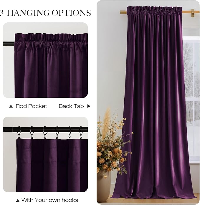 NICETOWN Blackout Purple Gothic Velvet Curtains 96 inch Long, Dark Purple - Image 5