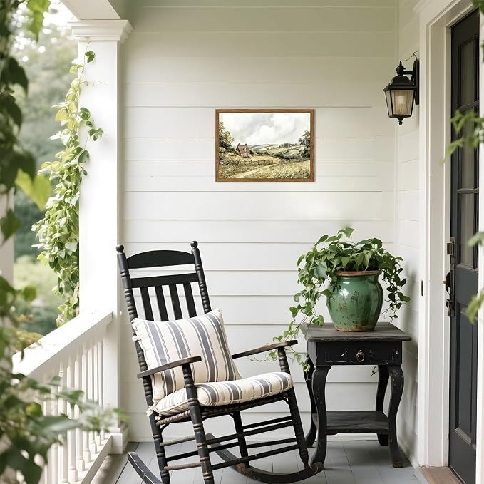 Framed Vintage Canvas Wall Art, Cottage Landscape Wall Decor Paintings - Image 3