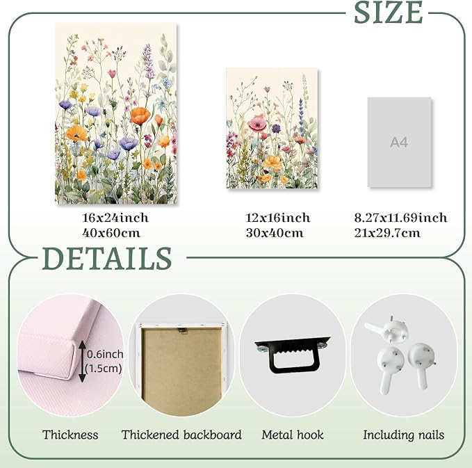 LLEEMPI Framed Watercolor Floral Wall Art Set of 3, Colorful Wildflower Wall - Image 7