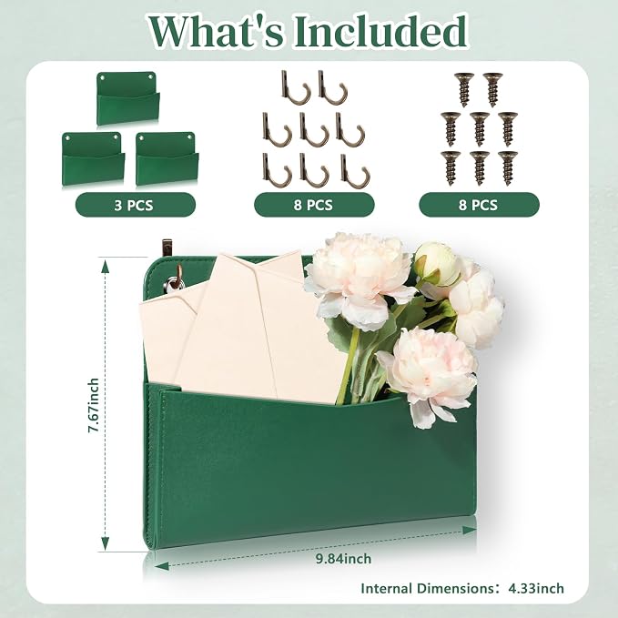 3 PCS Wall Mount PU Leather Mail Holder Green Faux Leather Letter Holder - Image 2