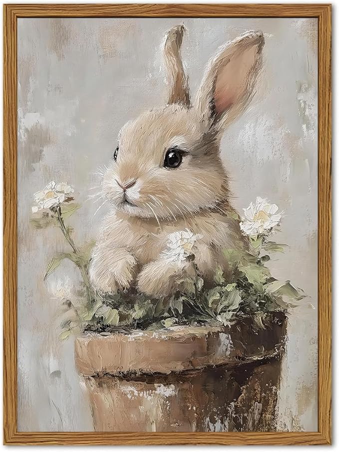 Framed Vintage Easter Bunny Wall Art, Cute Cottagecore Rabbit Floral Pictures by Unknown