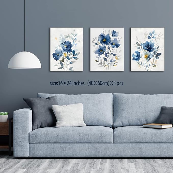 KISSFOX Framed Colorful Wildflower Blue Canvas Wall Art Set Of 3 Flowers - Image 2