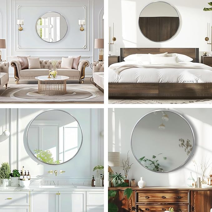 Silver Round Mirror, 20 Inch Silver Circle Mirror, Metal Frame Round Wall - Image 5