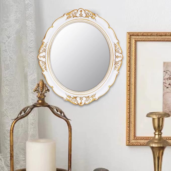 YCHMIR Vintage Decorative Wall Mirror 14.8 x 13.1 Inch Oval Mirror White - Image 2