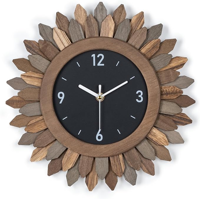 Honiway Wall Clock Battery Operated 12 in Rustic Wood Boho Sunburst Decorative by Honiway