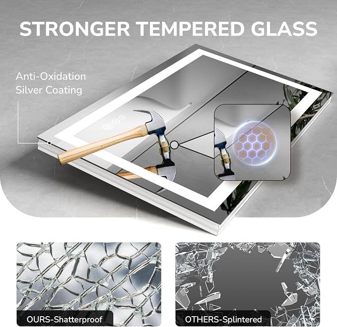 USHOWER LED Bathroom Mirror 60x36 Inch Tempered Glass - Image 6