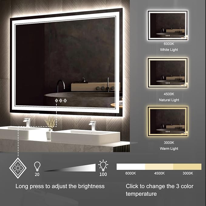 LED Mirror for Bathroom, 48x36 Inch Gradient Front and Backlit Bathroom Mirror - Image 5