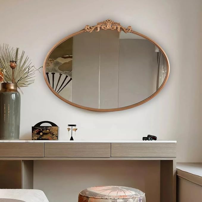 HQiJun Oval Gold Mirror for Bathroom Vanity, Baroque Ornate Vintage Wall Mirror - Image 3