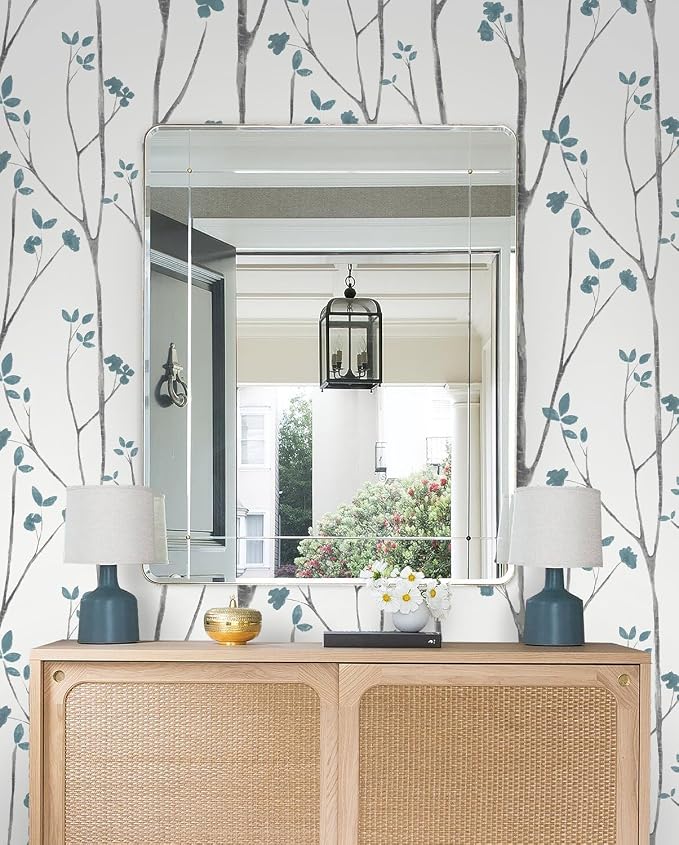 Timeet Peel and Stick Wallpaper White and Blue Floral Wallpaper Boho Leaf - Image 7