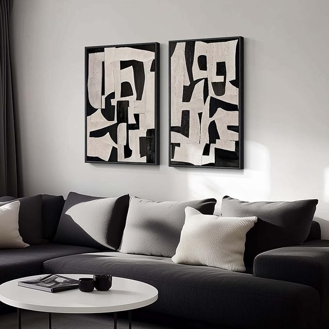 Large Framed Black and Beige Abstract Wall Art, Modern Art Prints Pictures - Image 2