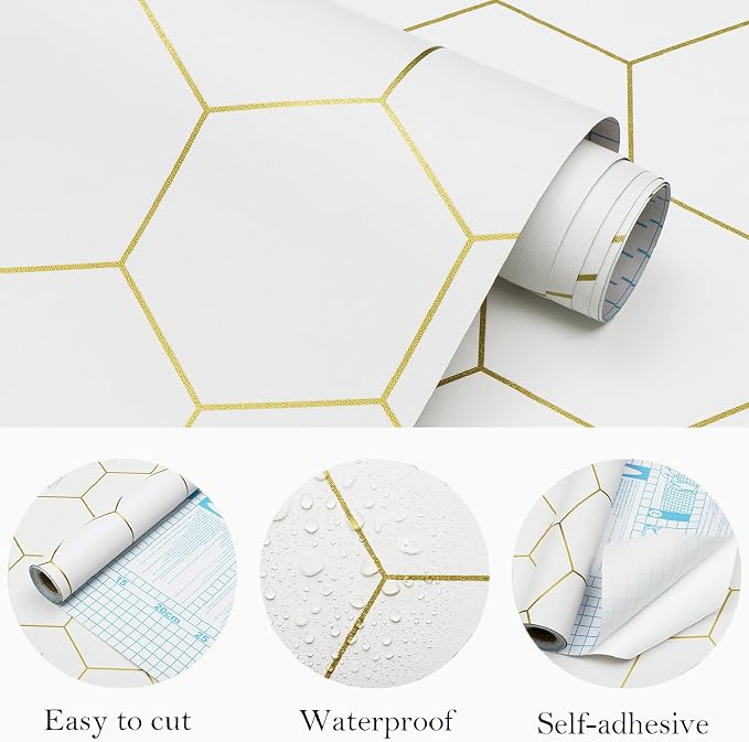 Hexagonal Wallpaper Geometric Peel and Stick Wallpaper 17.3”×197”Gold and White - Image 6