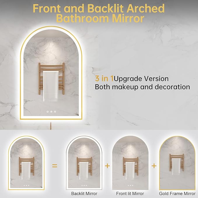 24"x36" Arched LED Mirror for Bathroom, Brushed Gold Lighted Bathroom Mirror - Image 5